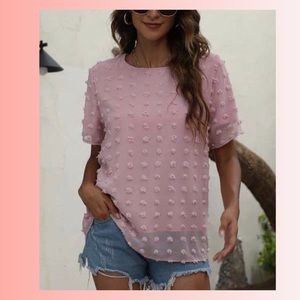 Pink Swiss Dot Crewneck Short Sleeve Top